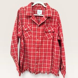 NWT Free People Found Red Plaid Fringe Hem Shirt Jacket Shacket XL Boho Western